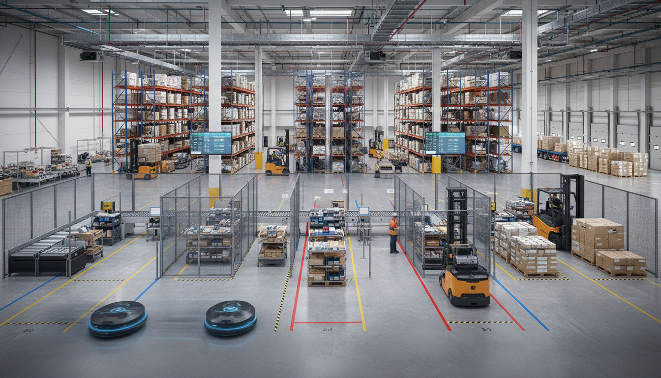 Современный автоматизированный склад с разделением на зоны, роботами-манипуляторами и вилочными погрузчиками