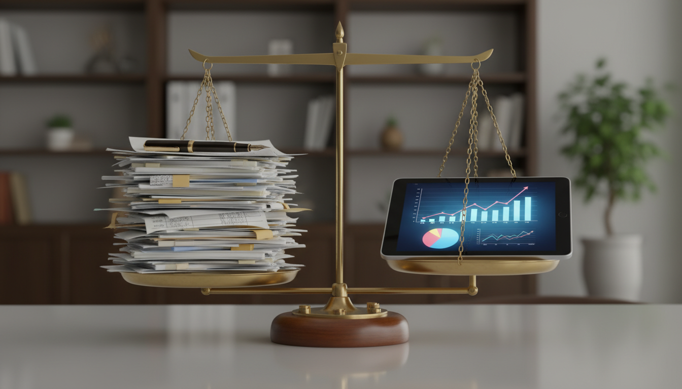 Весы, сравнивающие ручной учет в виде стопки бумаг и автоматизированный учет в виде цифрового планшета