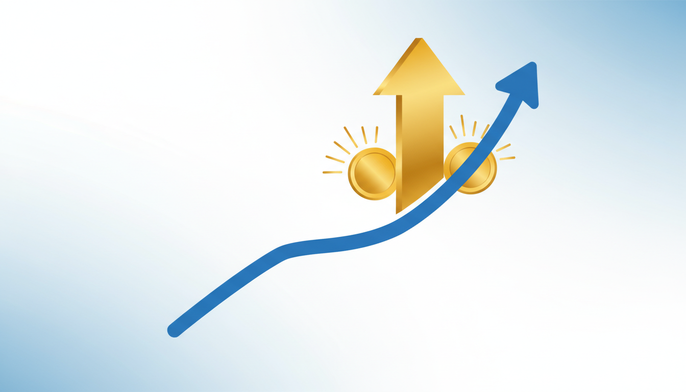 Восходящий график финансового роста с золотыми монетами и стрелкой вверх, символизирующий возврат инвестиций ROI