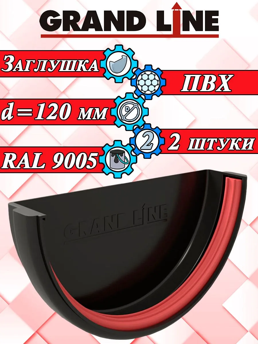 Заглушка желоба Grand Line ПВХ черный для водостока 120 мм, 2 штуки