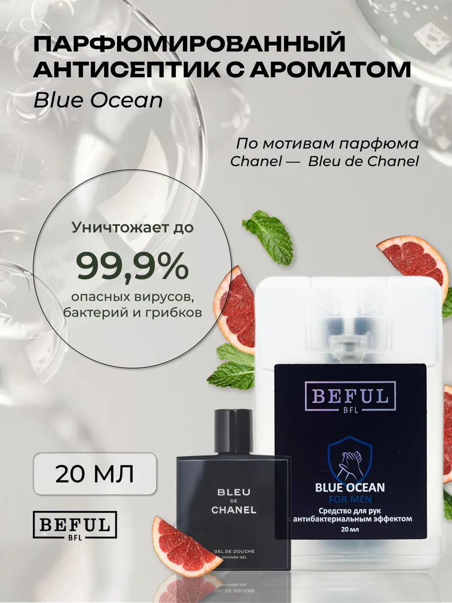 Антисептик для рук BEFUL BLUE OCEAN, спиртовой санитайзер 20 мл с ароматом