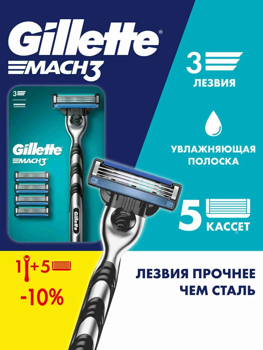 Набор Gillette Mach3: мужская бритва и 5 кассет с прочными лезвиями