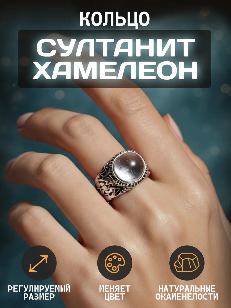 Кольцо оберег с камнем султанит хамелеон для стильных женщин