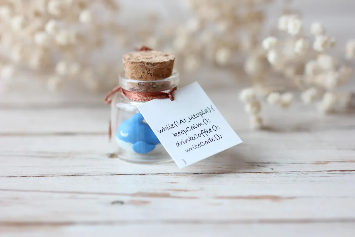 Blue Whale with Code Plaque – 'while(!AI_Utopia){ keepCalm(); drinkCoffee(); writeCode(); }' – Unique Gift for Programmers, Geek Decor 2