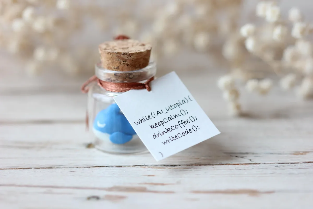 Blue Whale with Code Plaque – 'while(!AI_Utopia){ keepCalm(); drinkCoffee(); writeCode(); }' – Unique Gift for Programmers, Geek Decor 4