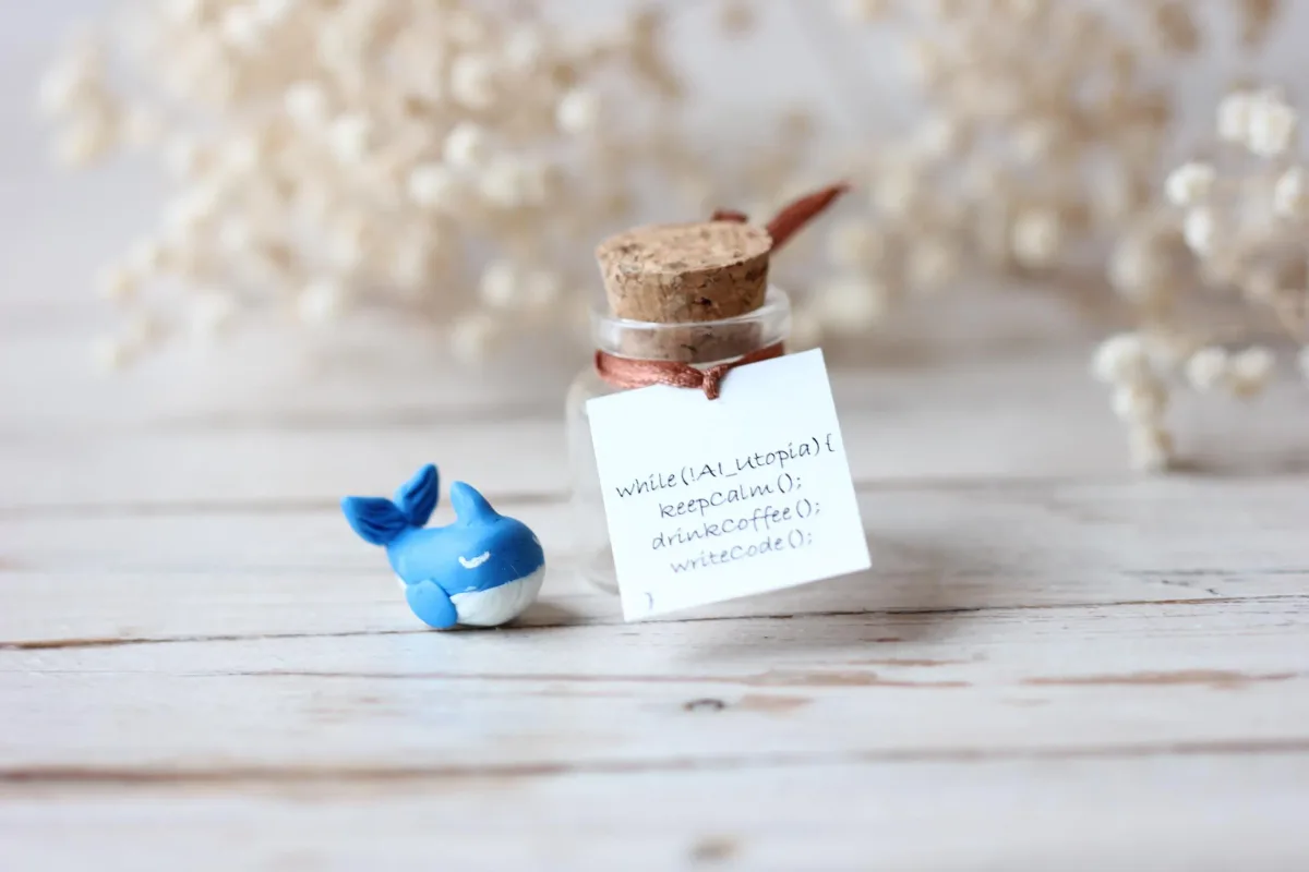 Blue Whale with Code Plaque – 'while(!AI_Utopia){ keepCalm(); drinkCoffee(); writeCode(); }' – Unique Gift for Programmers, Geek Decor 6