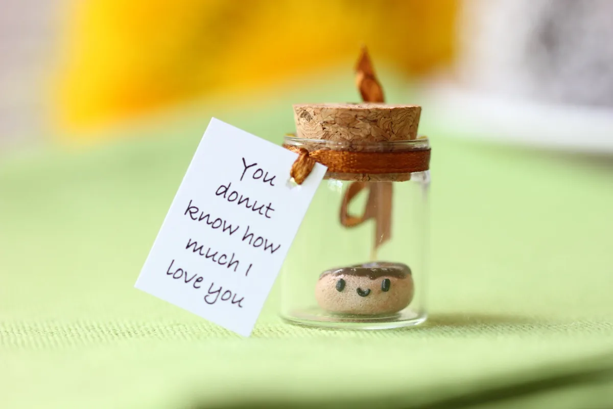 Funny Girlfriend Boyfriend Gift Donut in a Glass Bottle with Personalized Message Donut Collectible Figure Miniature Polymer Clay Donut 1
