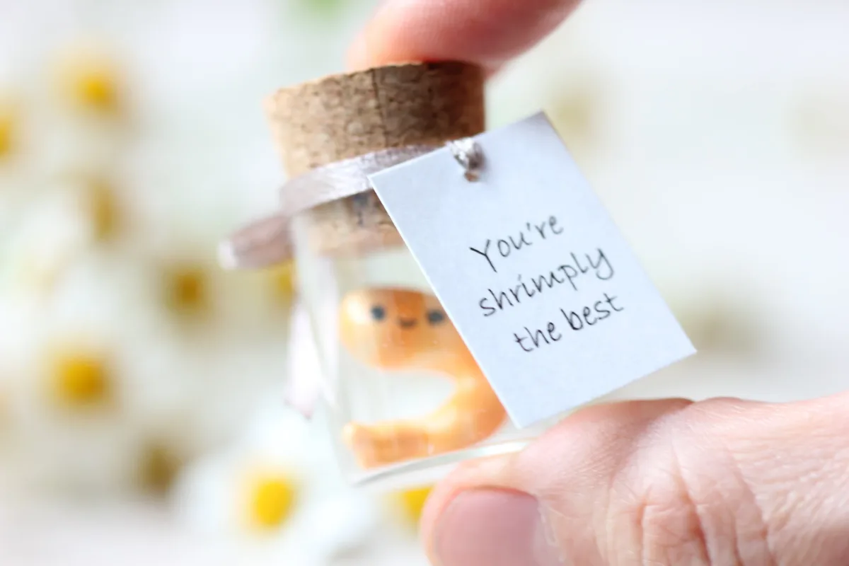Personalized Glass Bottle with Polymer Clay Shrimp Cute and Quirky Bridal Party Thank You Gift Customized Keepsake Punny Party Favors 3