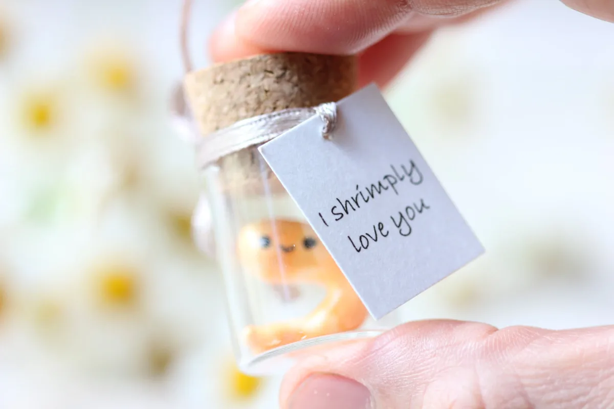 Personalized Glass Bottle with Polymer Clay Shrimp Cute and Quirky Bridal Party Thank You Gift Customized Keepsake Punny Party Favors 4