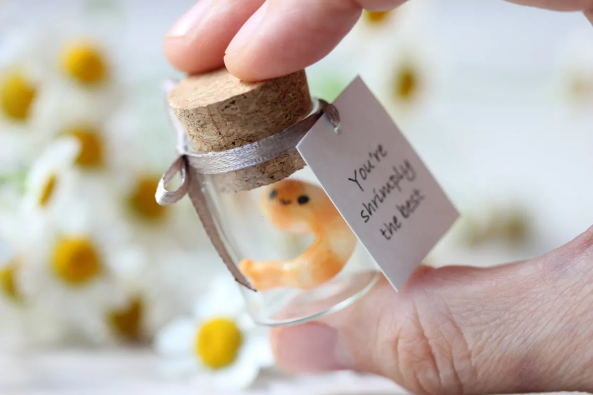 Personalized Glass Bottle with Polymer Clay Shrimp Cute and Quirky Bridal Party Thank You Gift Customized Keepsake Punny Party Favors 5