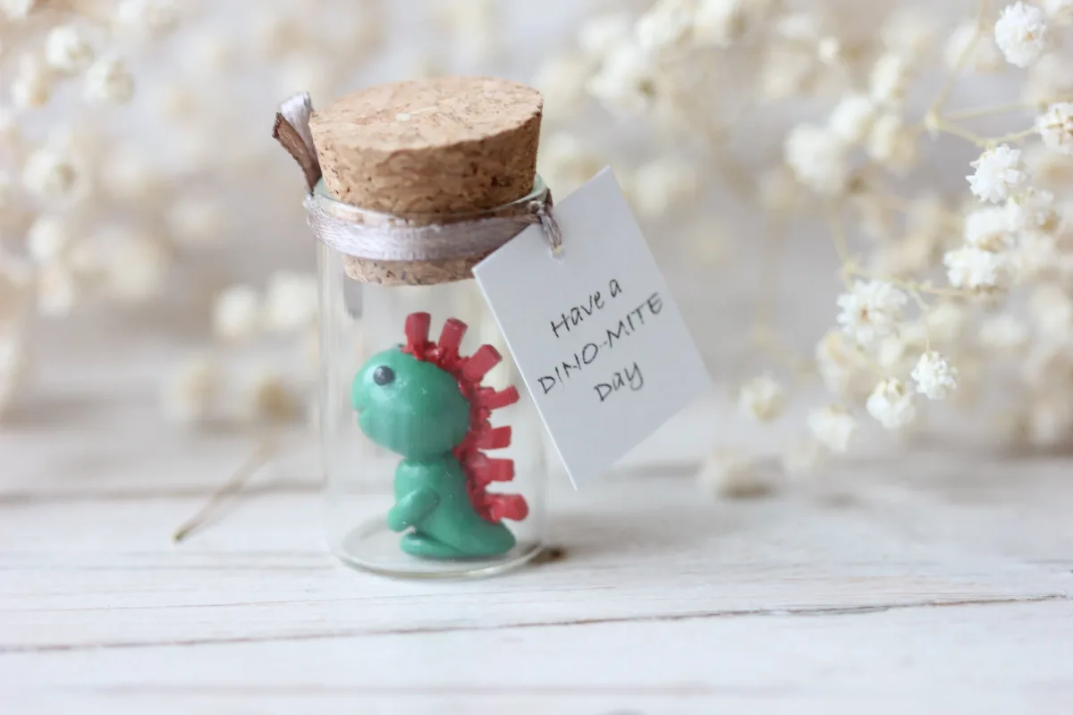 Dino in a Bottle - Personalized Polymer Clay Dinosaur with Custom Label, Miniature Dinosaur, Birthday Gift, Party Favors Gift for Coworkers 1