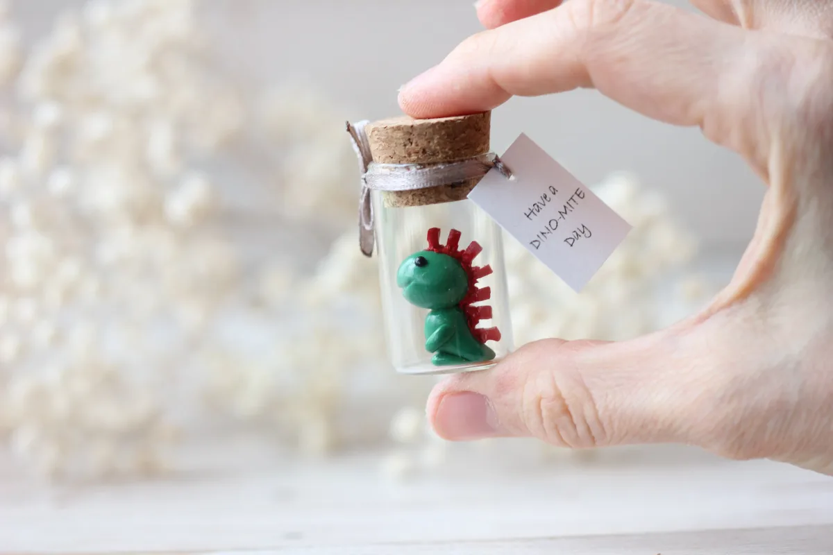 Dino in a Bottle - Personalized Polymer Clay Dinosaur with Custom Label, Miniature Dinosaur, Birthday Gift, Party Favors Gift for Coworkers 10