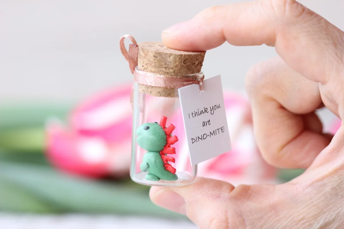 Dino in a Bottle - Personalized Polymer Clay Dinosaur with Custom Label, Miniature Dinosaur, Birthday Gift, Party Favors Gift for Coworkers 2