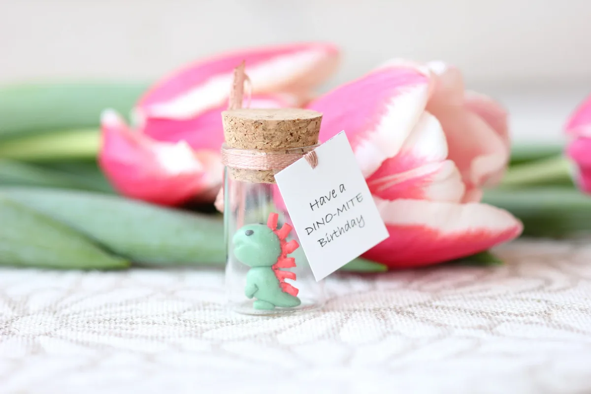 Dino in a Bottle - Personalized Polymer Clay Dinosaur with Custom Label, Miniature Dinosaur, Birthday Gift, Party Favors Gift for Coworkers 5