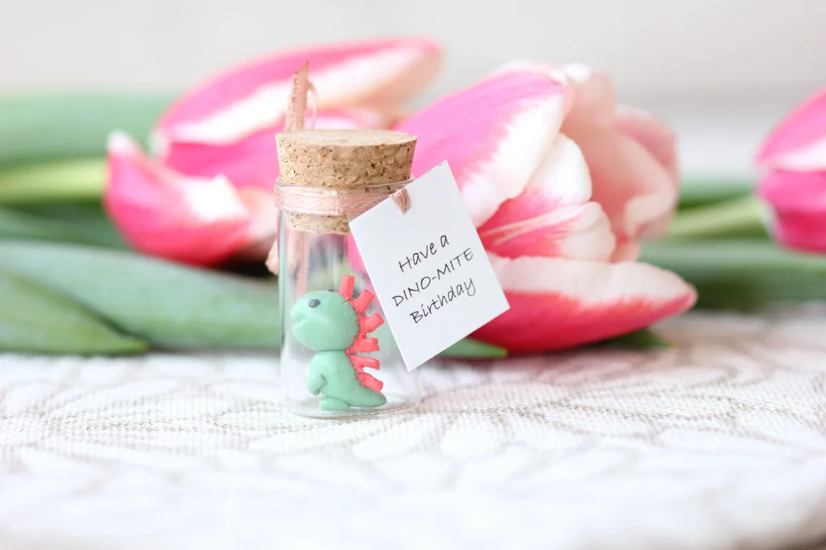 Dino in a Bottle - Personalized Polymer Clay Dinosaur with Custom Label, Miniature Dinosaur, Birthday Gift, Party Favors Gift for Coworkers 6