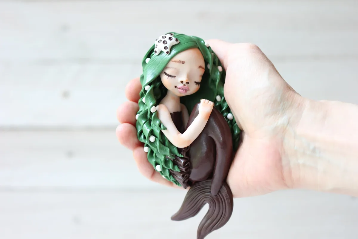 Art Doll Mermaid Handmade Sculpture Ooak Collectible Figurine Unique Gift for Mermaid Lovers Christmas Present Brown Tail Mermaid Green Hair
