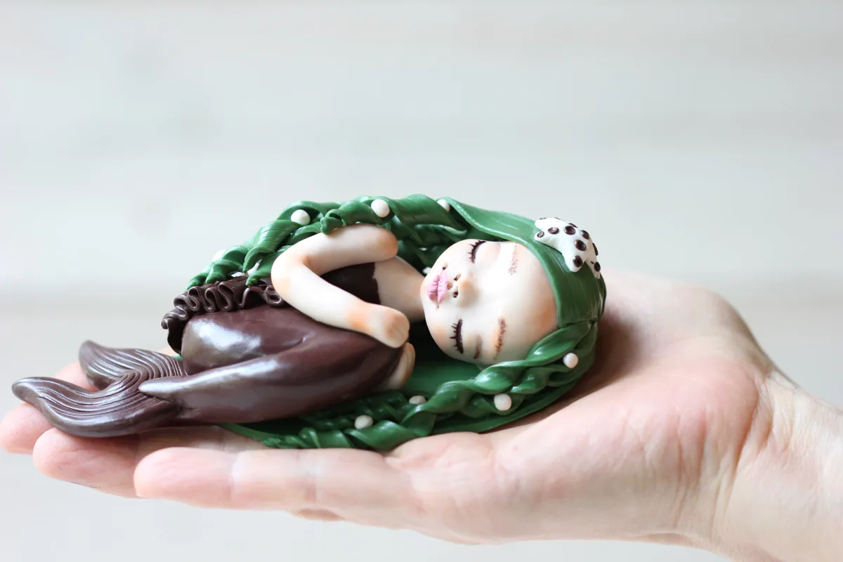 Art Doll Mermaid Handmade Sculpture Ooak Collectible Figurine Unique Gift for Mermaid Lovers Christmas Present Brown Tail Mermaid Green Hair 3