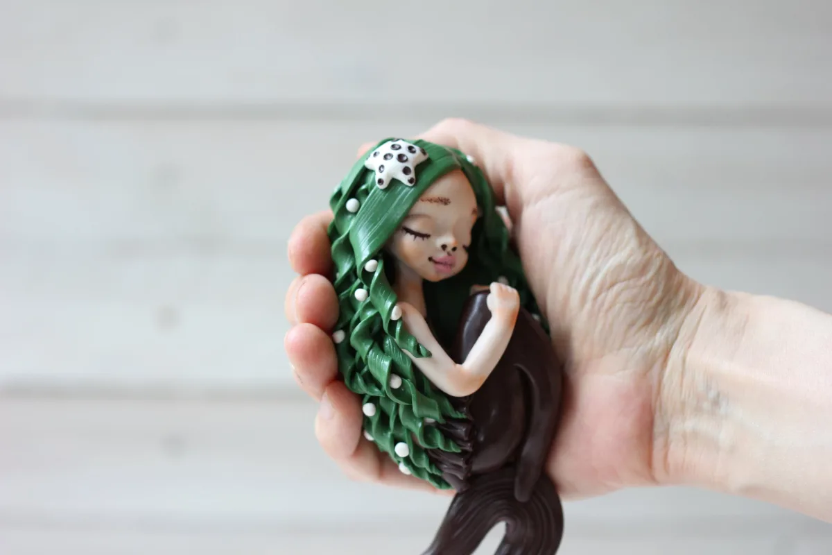 Art Doll Mermaid Handmade Sculpture Ooak Collectible Figurine Unique Gift for Mermaid Lovers Christmas Present Brown Tail Mermaid Green Hair 4