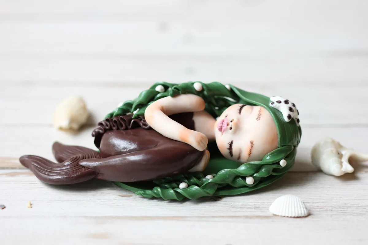 Art Doll Mermaid Handmade Sculpture Ooak Collectible Figurine Unique Gift for Mermaid Lovers Christmas Present Brown Tail Mermaid Green Hair 5