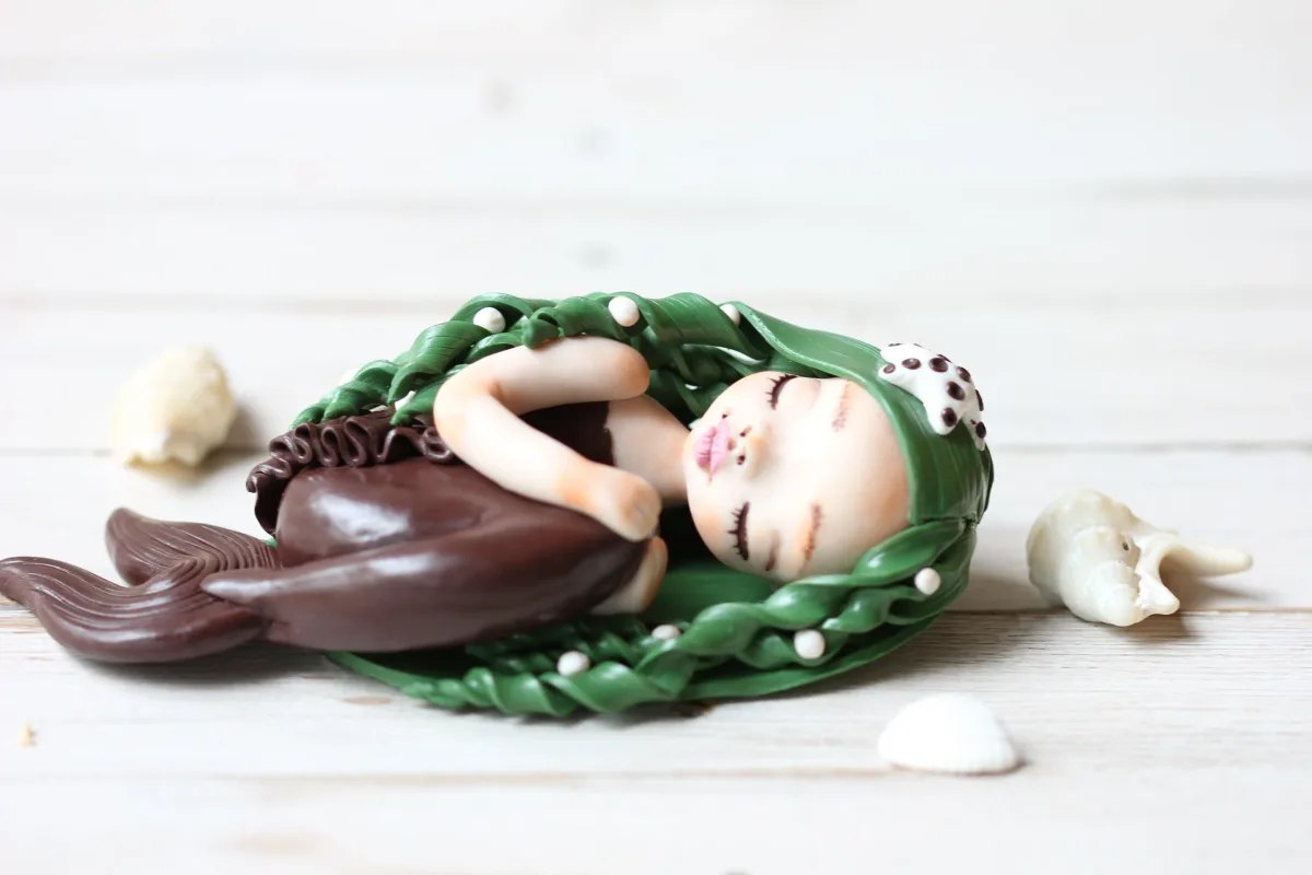 Art Doll Mermaid Handmade Sculpture Ooak Collectible Figurine Unique Gift for Mermaid Lovers Christmas Present Brown Tail Mermaid Green Hair 7