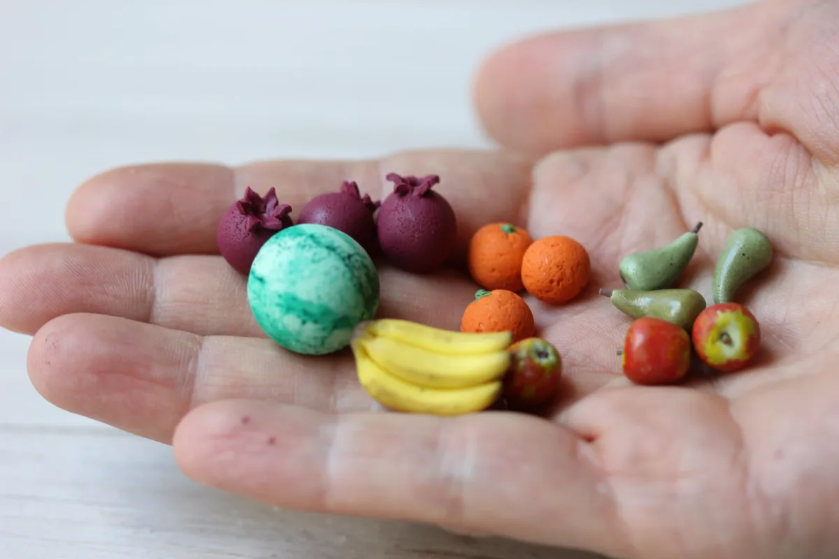 Mini Fruits 1/12 Miniature Food For Dolls, Dollhouse 14 Pcs in the Basket Watermelon Banana branch Pears Grenades Oranges Apples 3