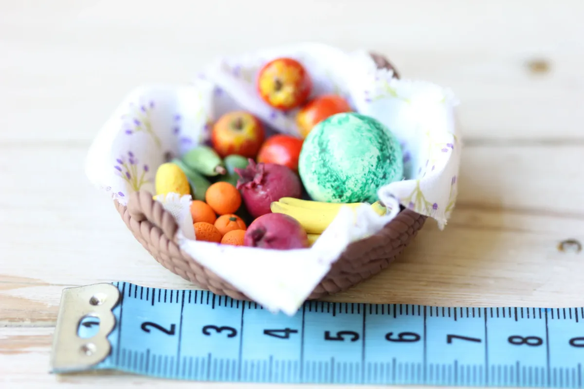 Mini Fruits 1/12 Miniature Food For Dolls, Dollhouse 14 Pcs in the Basket Watermelon Banana branch Pears Grenades Oranges Apples 4