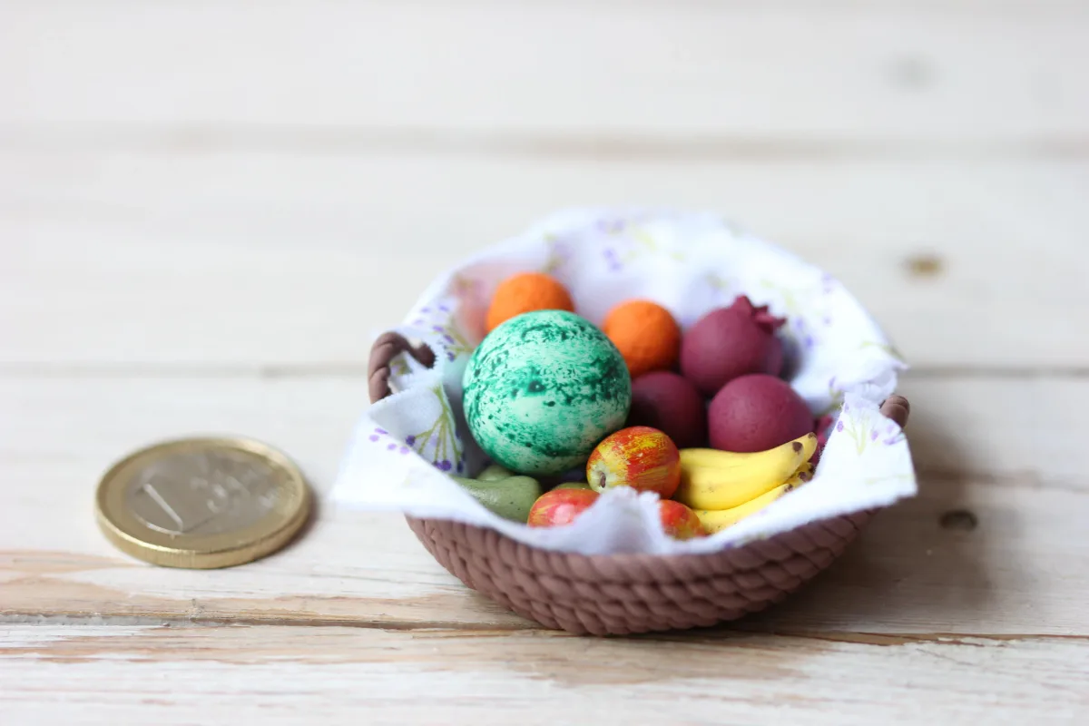 Mini Fruits 1/12 Miniature Food For Dolls, Dollhouse 14 Pcs in the Basket Watermelon Banana branch Pears Grenades Oranges Apples 5