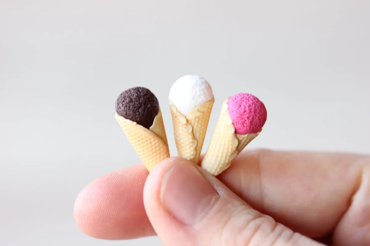 Three Ice Cream Cones Chocolate Raspberries Vanilla Ice Cream Dollhouse Miniature Play Food 1:6 Barbie Doll Montessori Waldorf toys