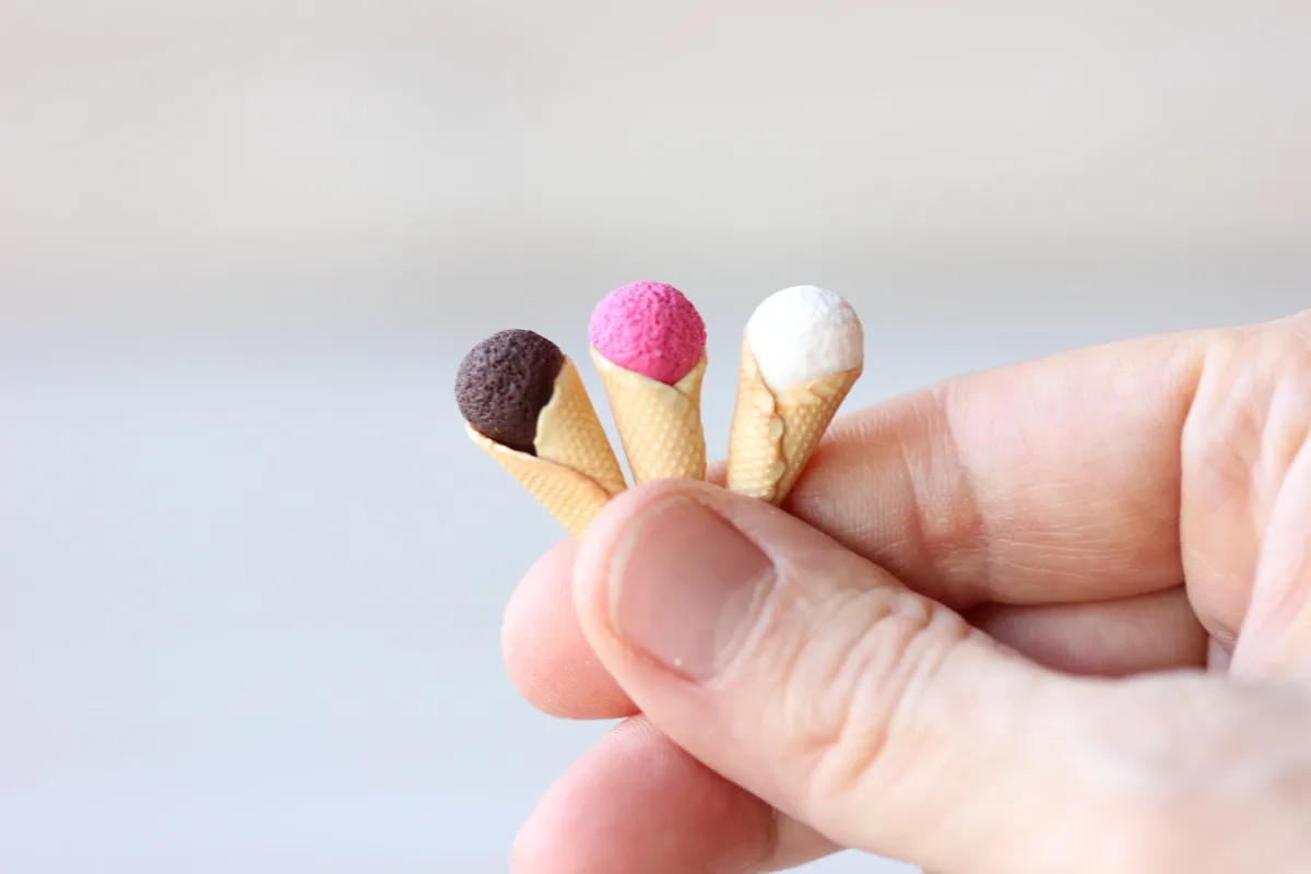 Three Ice Cream Cones Chocolate Raspberries Vanilla Ice Cream Dollhouse Miniature Play Food 1:6 Barbie Doll Montessori Waldorf toys 3