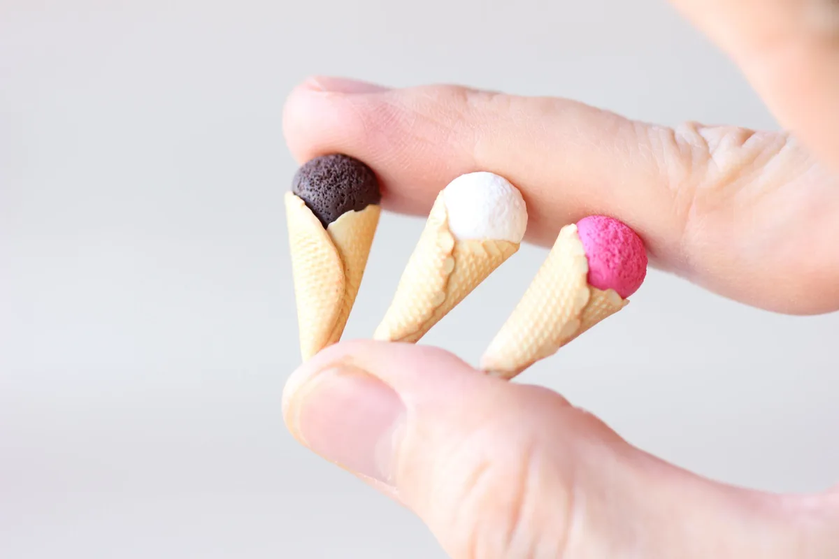 Three Ice Cream Cones Chocolate Raspberries Vanilla Ice Cream Dollhouse Miniature Play Food 1:6 Barbie Doll Montessori Waldorf toys 5