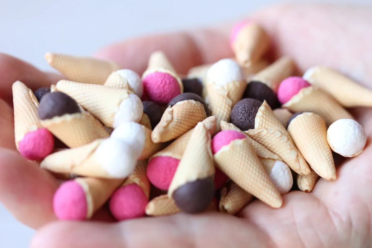 Three Ice Cream Cones Chocolate Raspberries Vanilla Ice Cream Dollhouse Miniature Play Food 1:6 Barbie Doll Montessori Waldorf toys 6