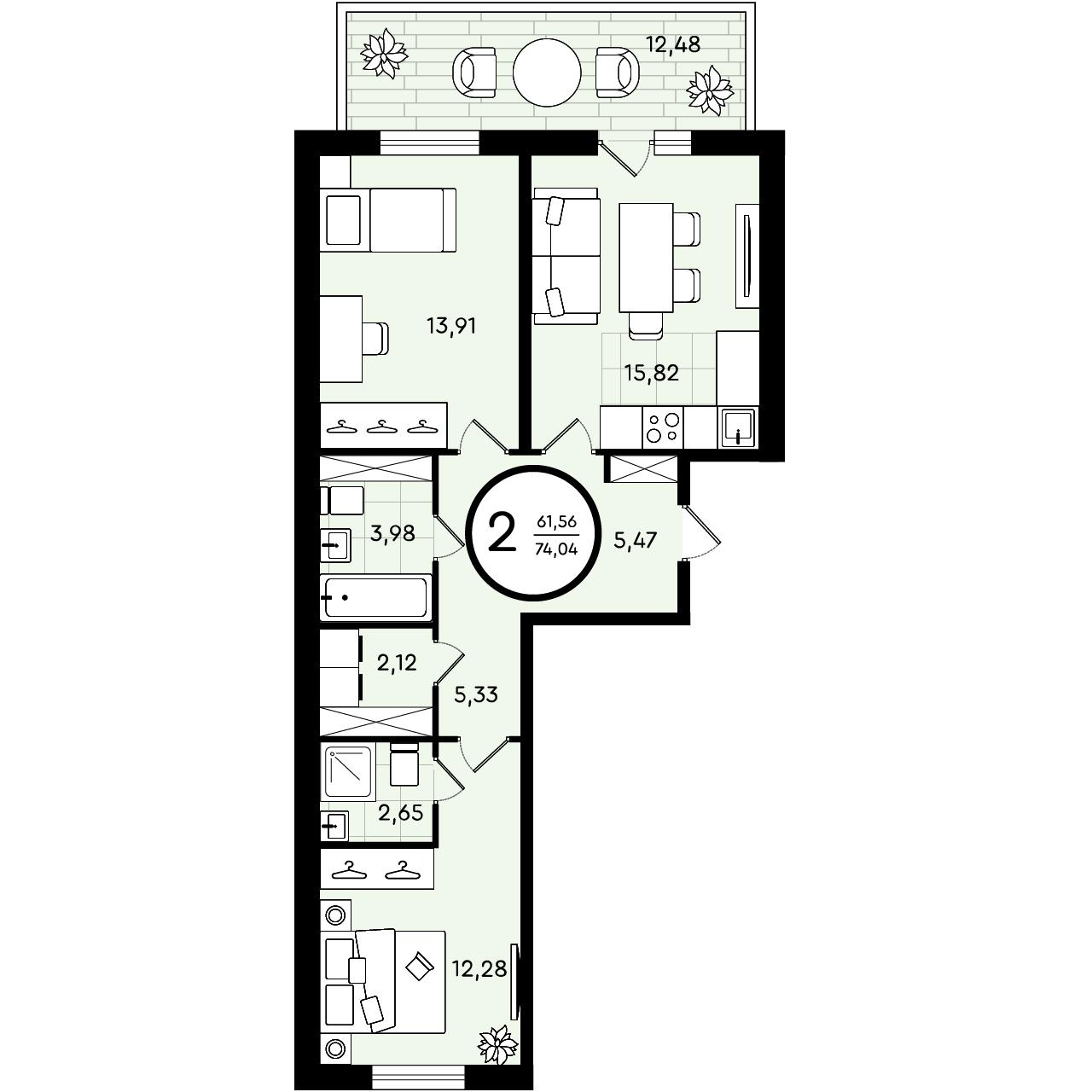 Планировка: Евротрешка 74 м² в ЖК Зеленые аллеи, Новорощинский