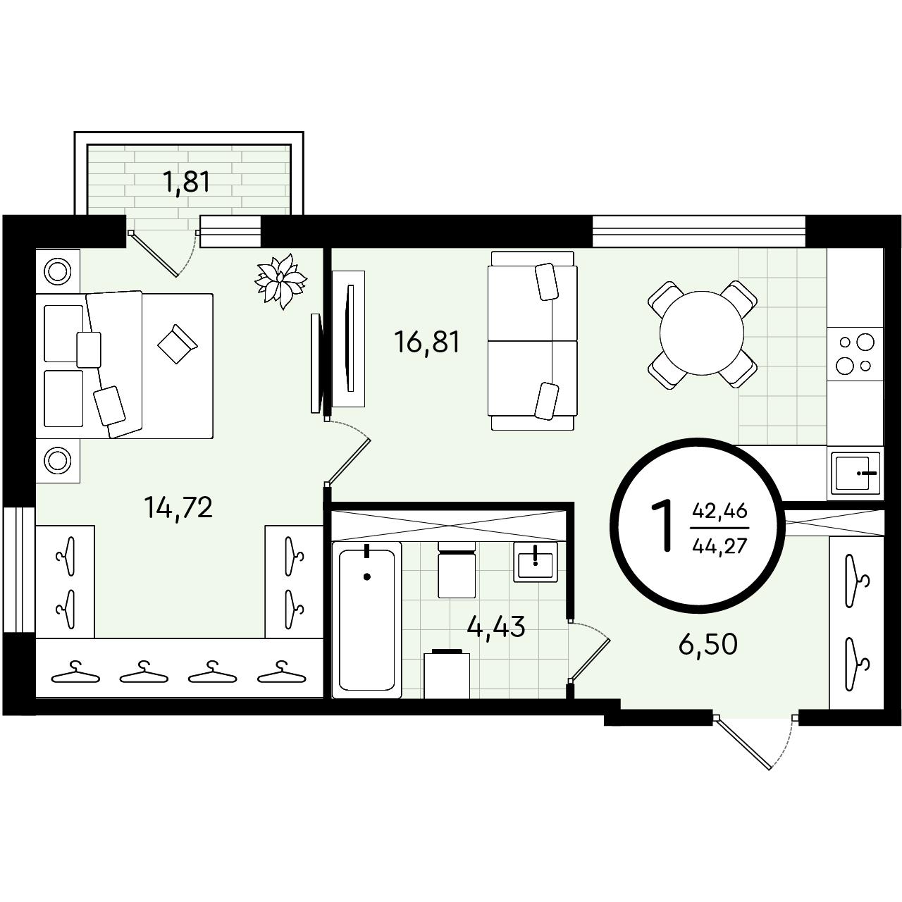 Планировка: Евродвушка 44.3 м² в ЖК Зеленые аллеи, Новорощинский