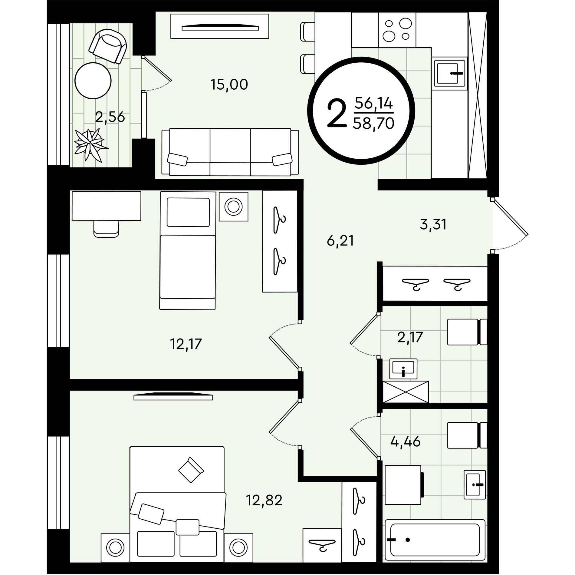 Планировка: Евротрешка 58.7 м² в ЖК Зеленые аллеи, Новорощинский