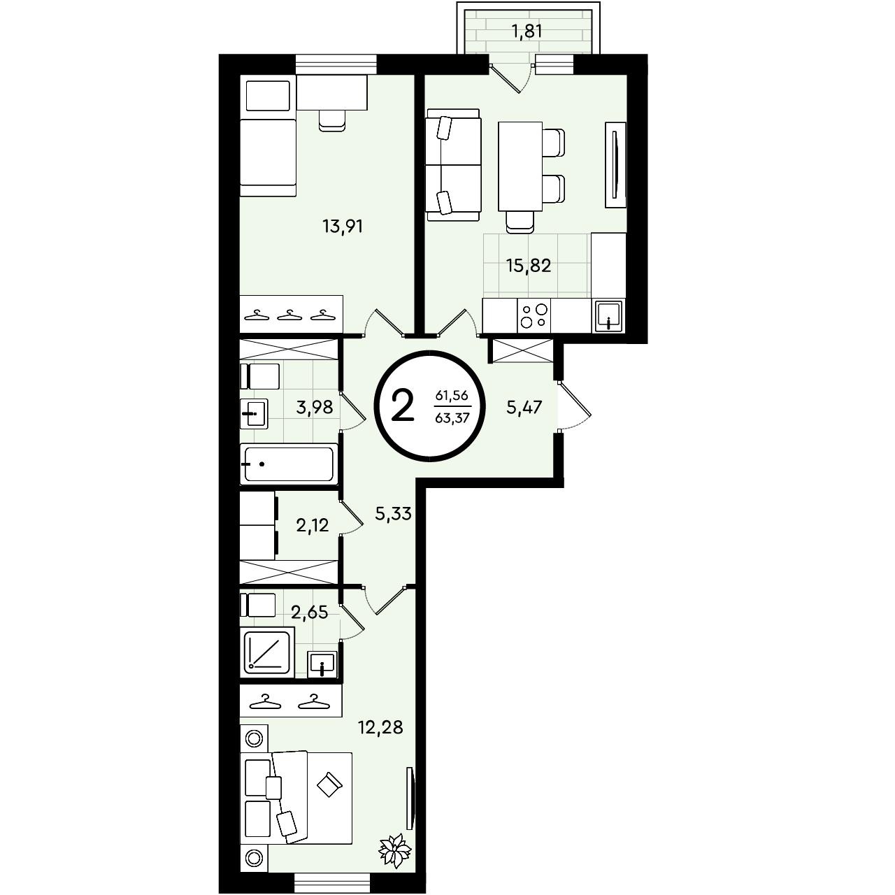 Планировка: Евротрешка 63.4 м² в ЖК Зеленые аллеи, Новорощинский
