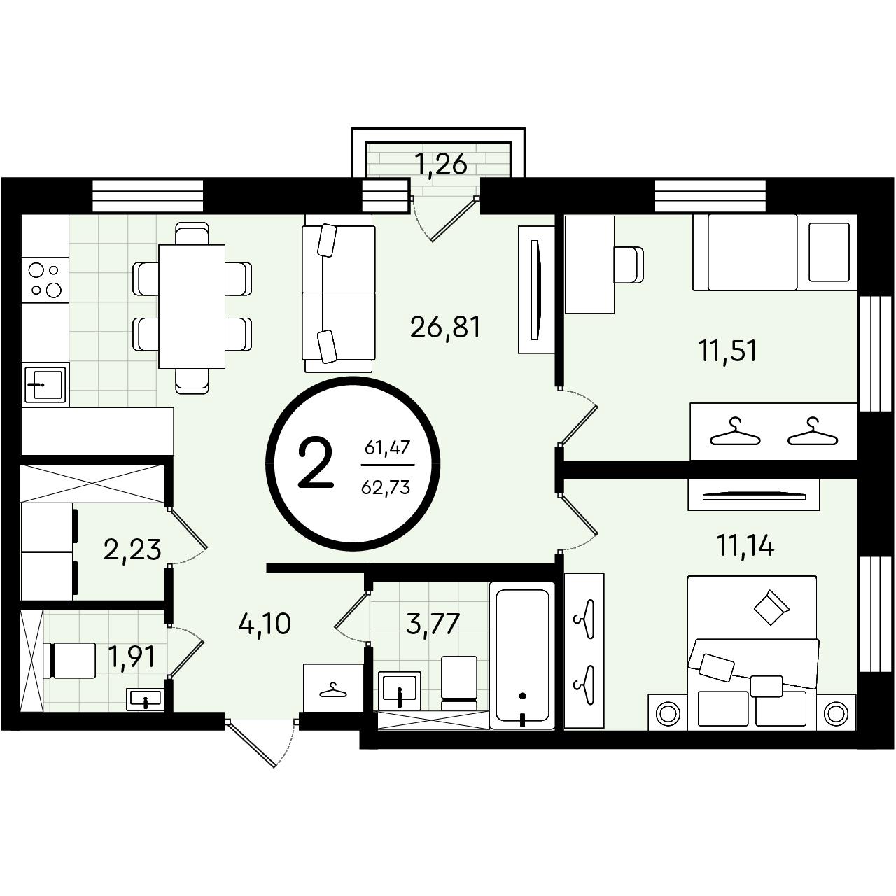 Планировка: Евротрешка 62.7 м² в ЖК Зеленые аллеи, Новорощинский