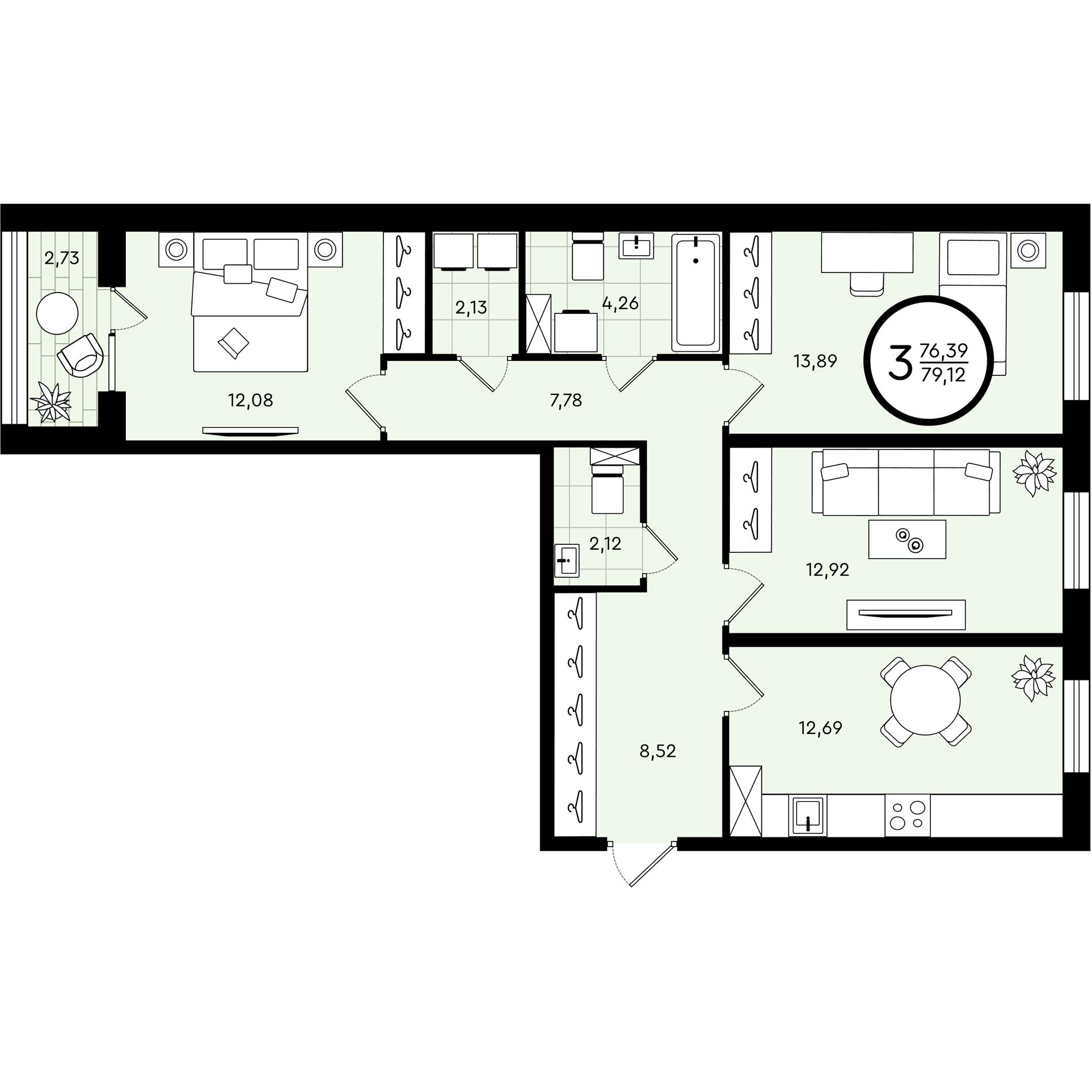 Планировка: 3-комнатная 79.1 м² в ЖК Зеленые аллеи, Новорощинский