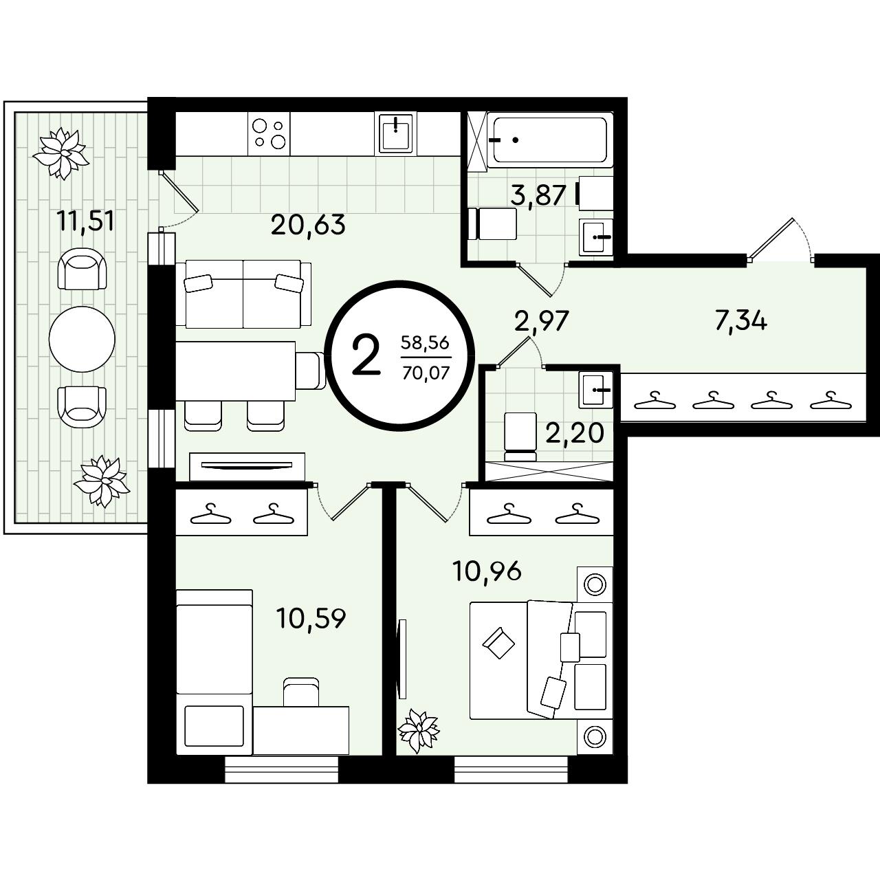 Планировка: Евротрешка 70.1 м² в ЖК Зеленые аллеи, Новорощинский