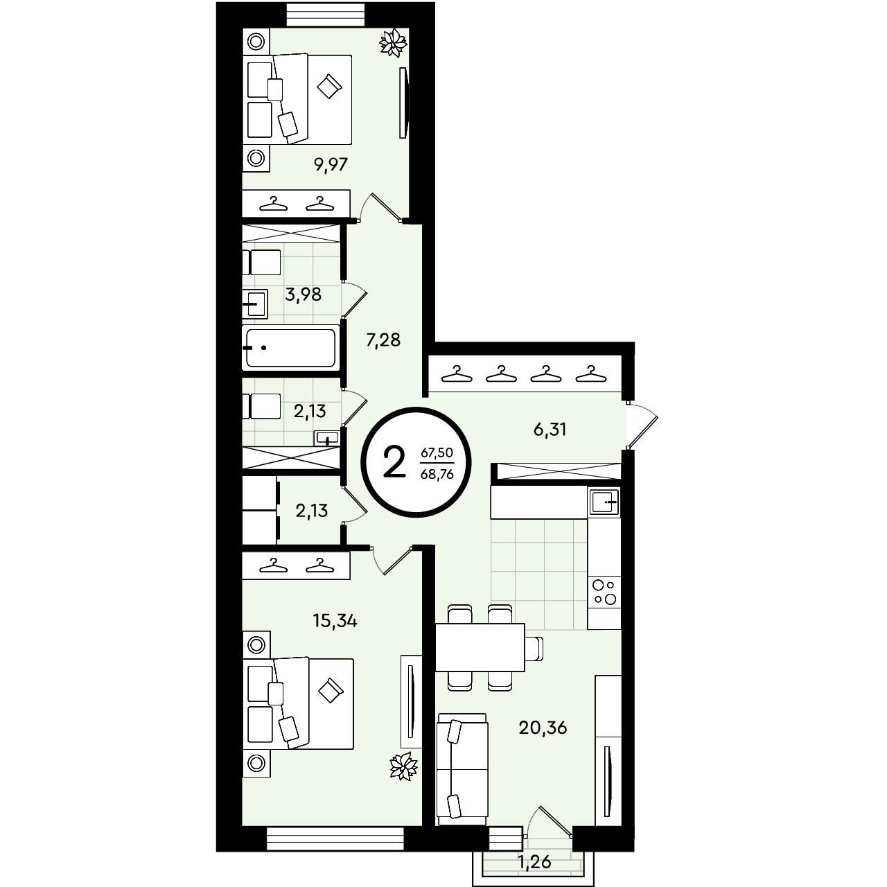 Планировка: Евротрешка 68.8 м² в ЖК Зеленые аллеи, Новорощинский