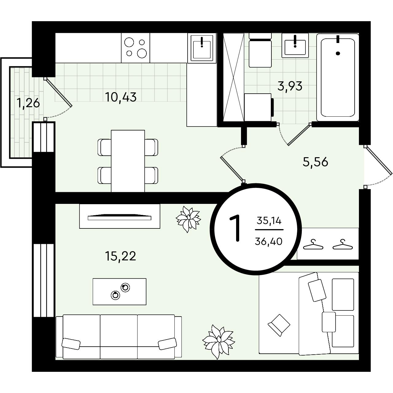 Планировка: Евродвушка 36.4 м² в ЖК Зеленые аллеи, Новорощинский