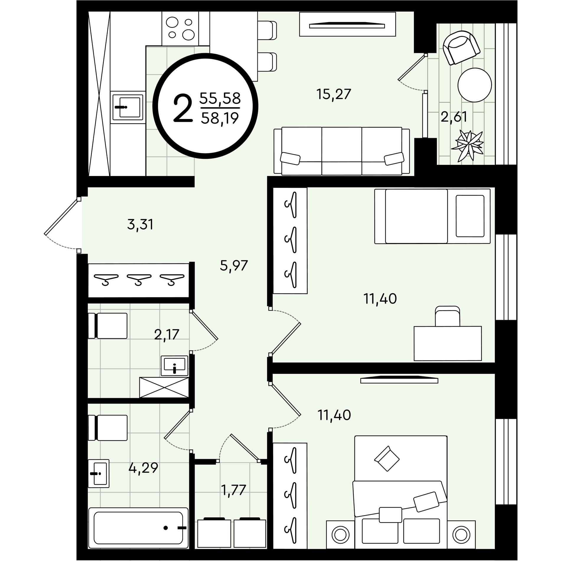 Планировка: Евротрешка 58.2 м² в ЖК Зеленые аллеи, Новорощинский