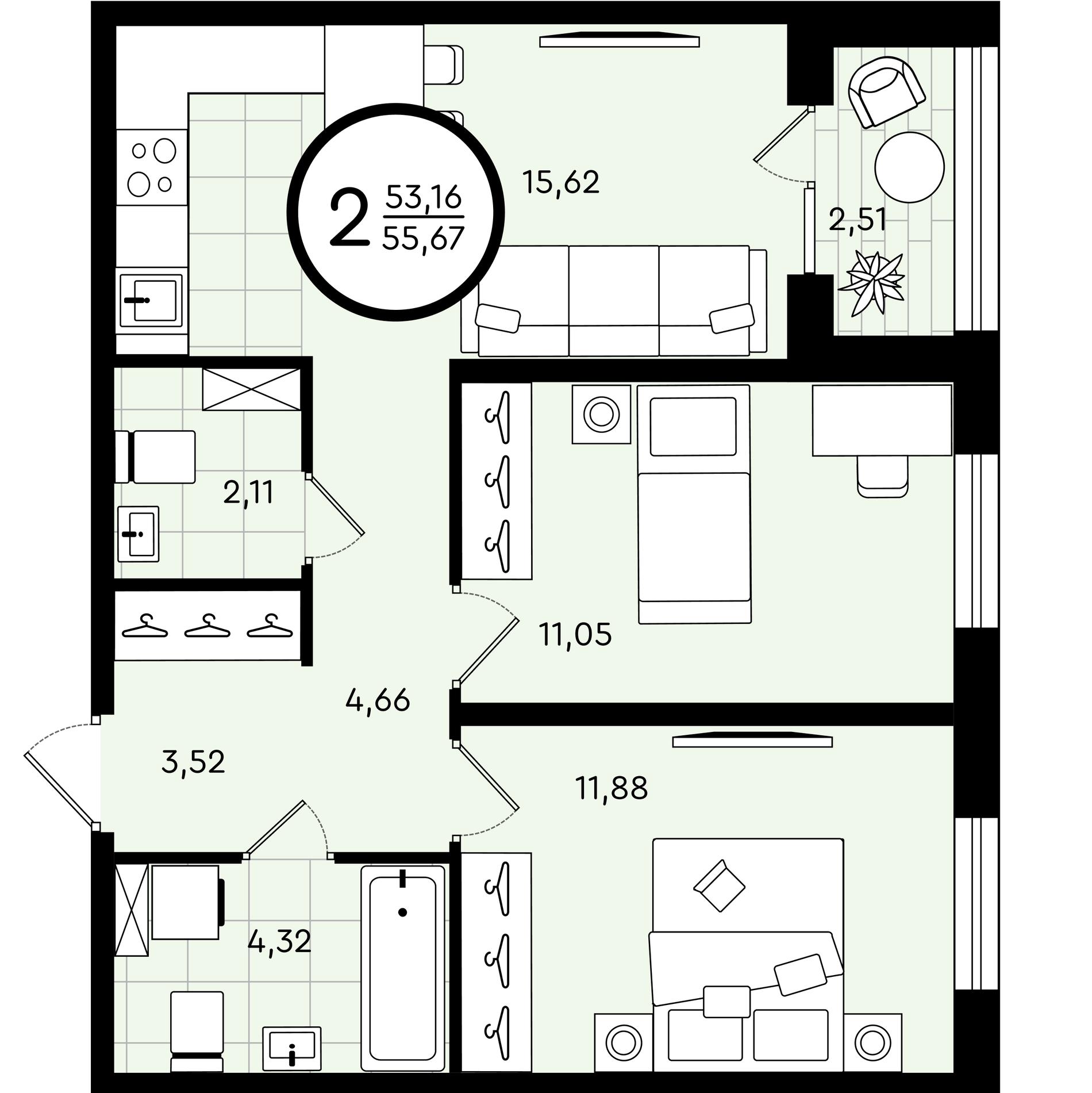Планировка: Евротрешка 55.7 м² в ЖК Зеленые аллеи, Новорощинский
