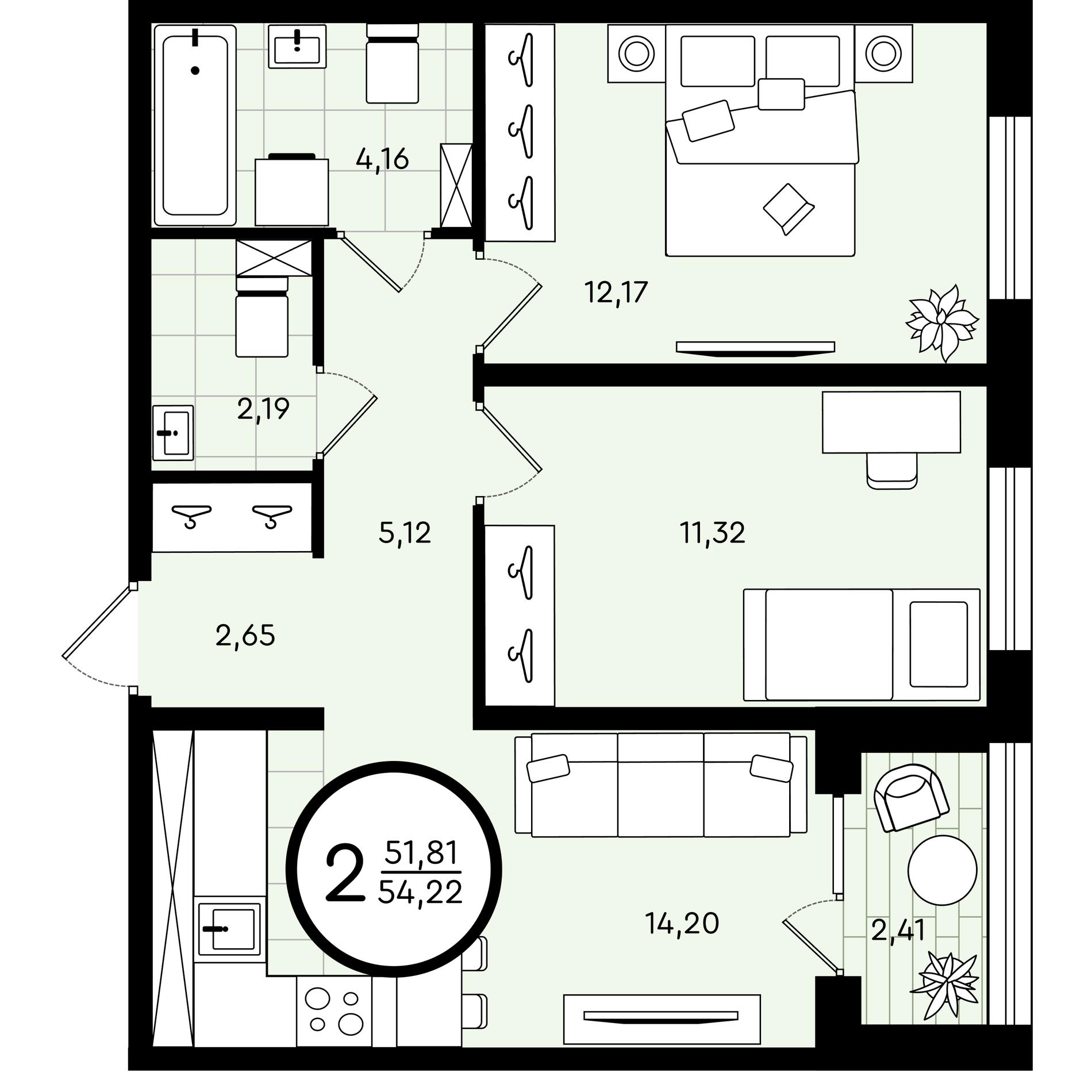 Планировка: Евротрешка 54.2 м² в ЖК Зеленые аллеи, Новорощинский