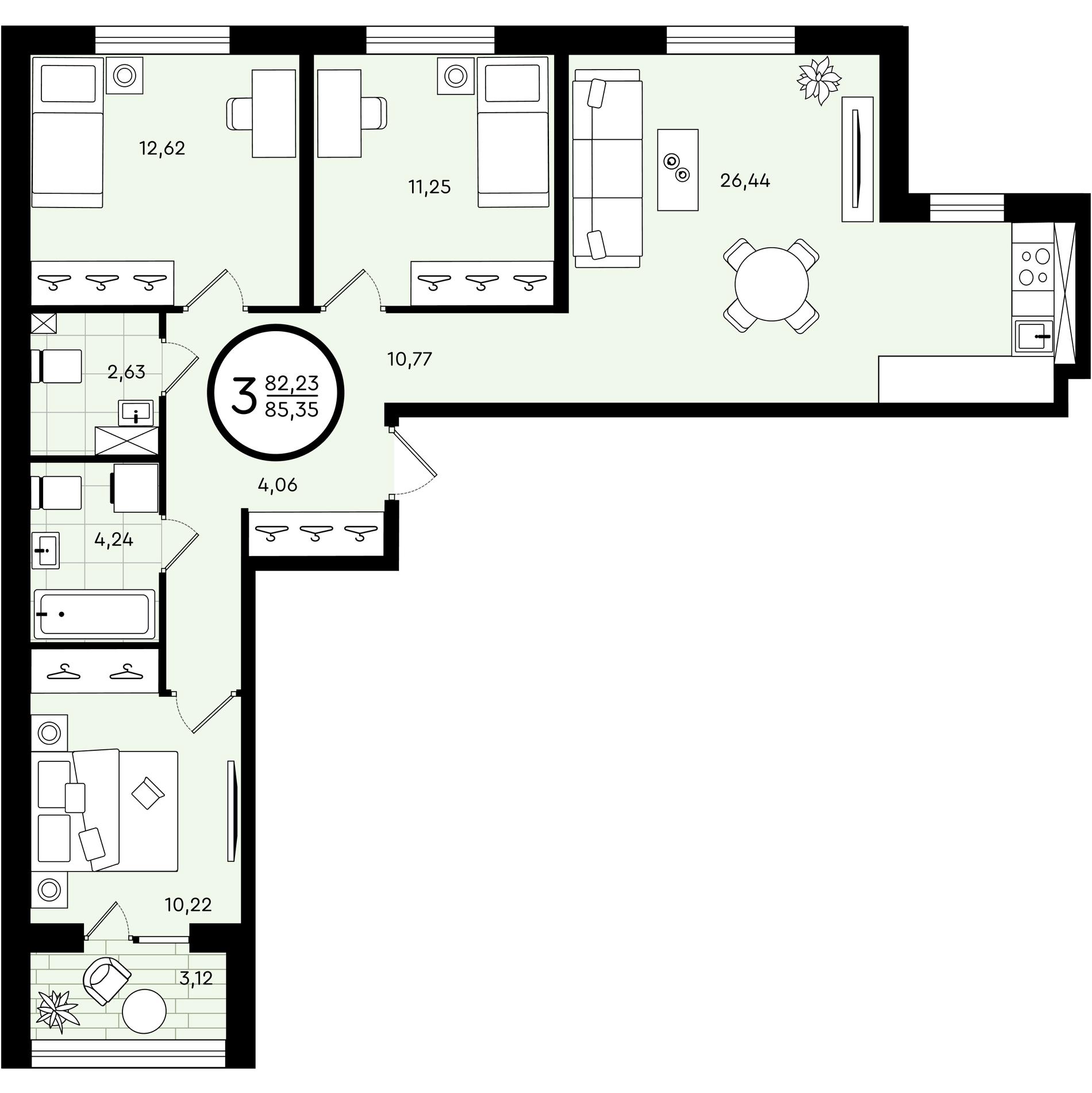 Планировка: 4-комнатная евро 85.3 м² в ЖК Зеленые аллеи, Новорощинский