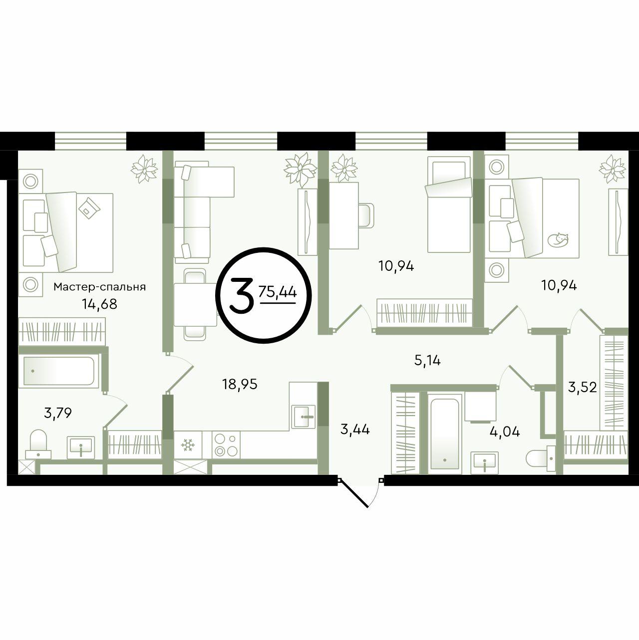 Планировка: 4-комнатная евро 75.4 м² в ЖК Зеленые аллеи, Новорощинский