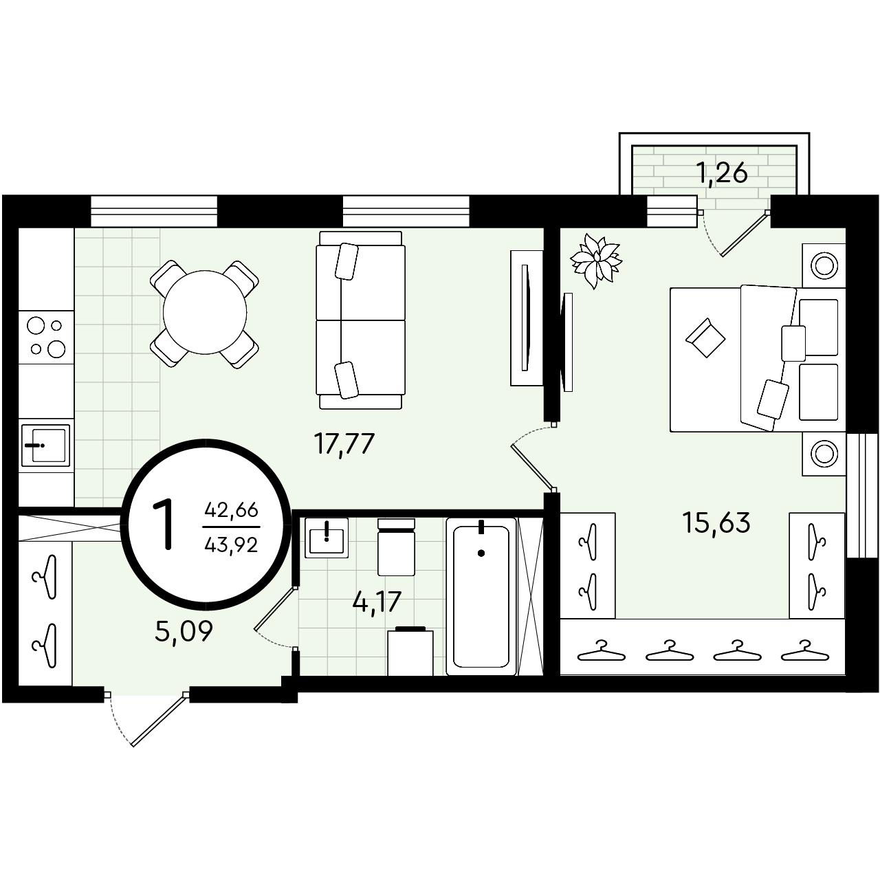 Планировка: Евродвушка 43.9 м² в ЖК Зеленые аллеи, Новорощинский