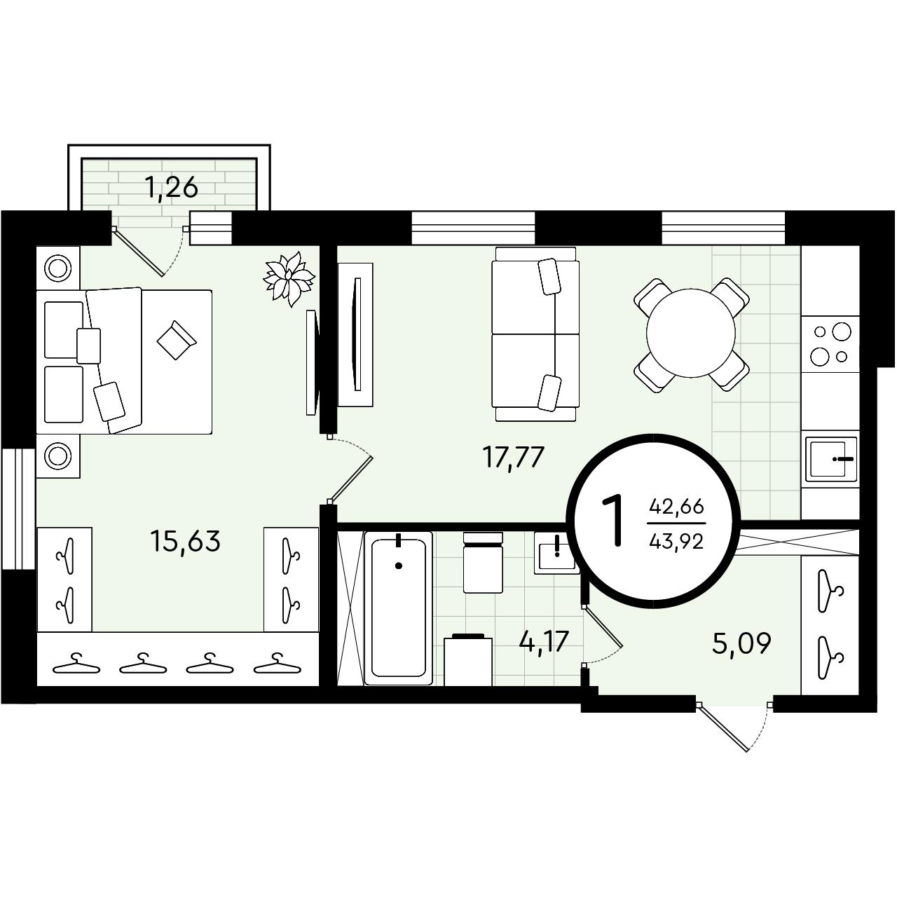 Планировка: Евродвушка 43.9 м² в ЖК Зеленые аллеи, Новорощинский