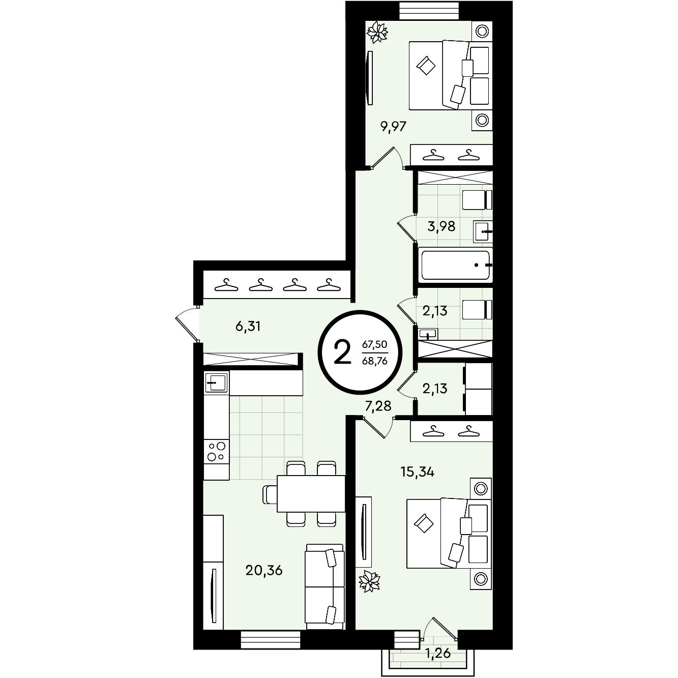 Планировка: Евротрешка 68.8 м² в ЖК Зеленые аллеи, Новорощинский