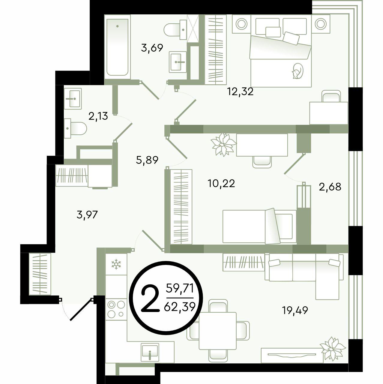 Планировка: Евротрешка 62.4 м² в ЖК Зеленые аллеи, Новорощинский