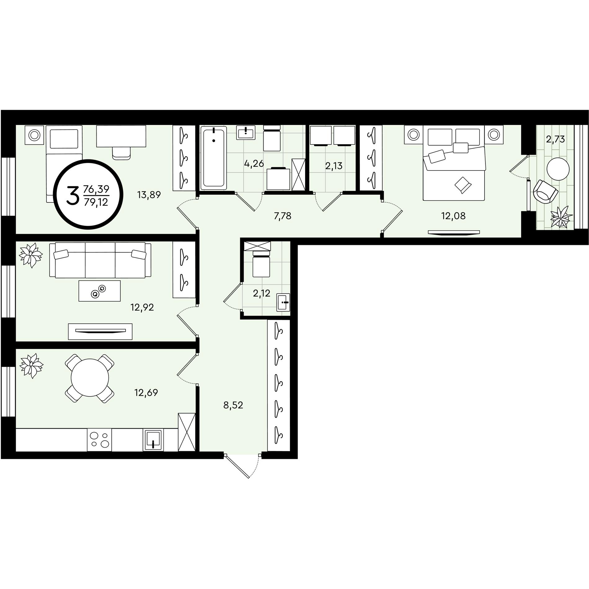 Планировка: 3-комнатная 79.1 м² в ЖК Зеленые аллеи, Новорощинский